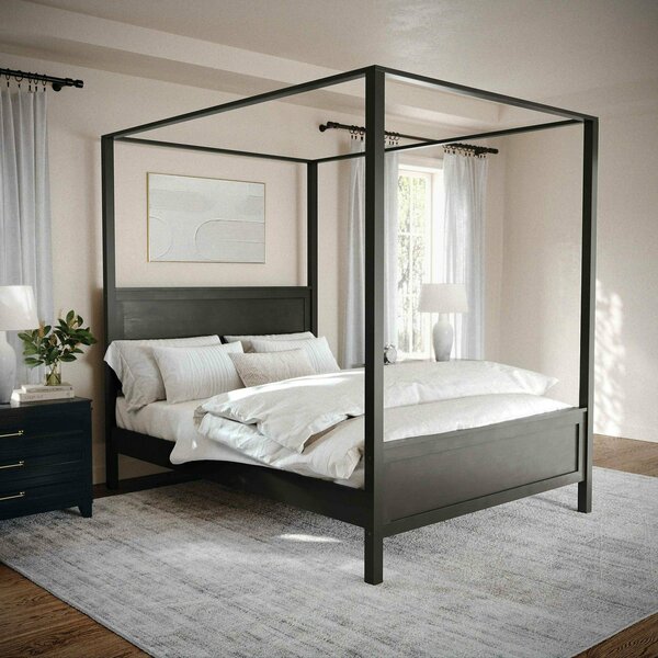 Martha Stewart Hayes Queen Size Solid Wood Canopy Platform Bed w/Wood Headboard and Footboard, Dark Gray MG-90025-CQ-DKGY-MS